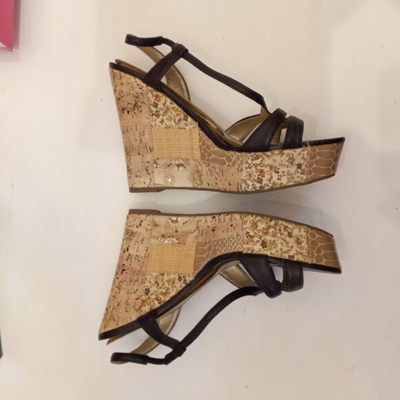 Rue21 Etc! Black Strappy Sandals with Brown Patchwork Print Wedges Shoes size L - Picture 3 of 6
